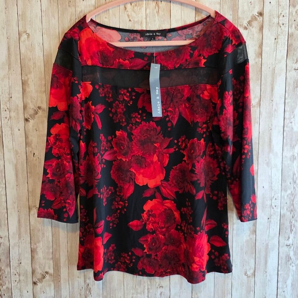 Women's Adele & May Floral Blouse Size XL Red Black Long Sleeve